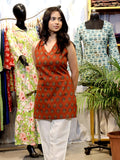 GREYSHADE Women Rust Printed Halter Neck Corset Back Cotton Short Kurti