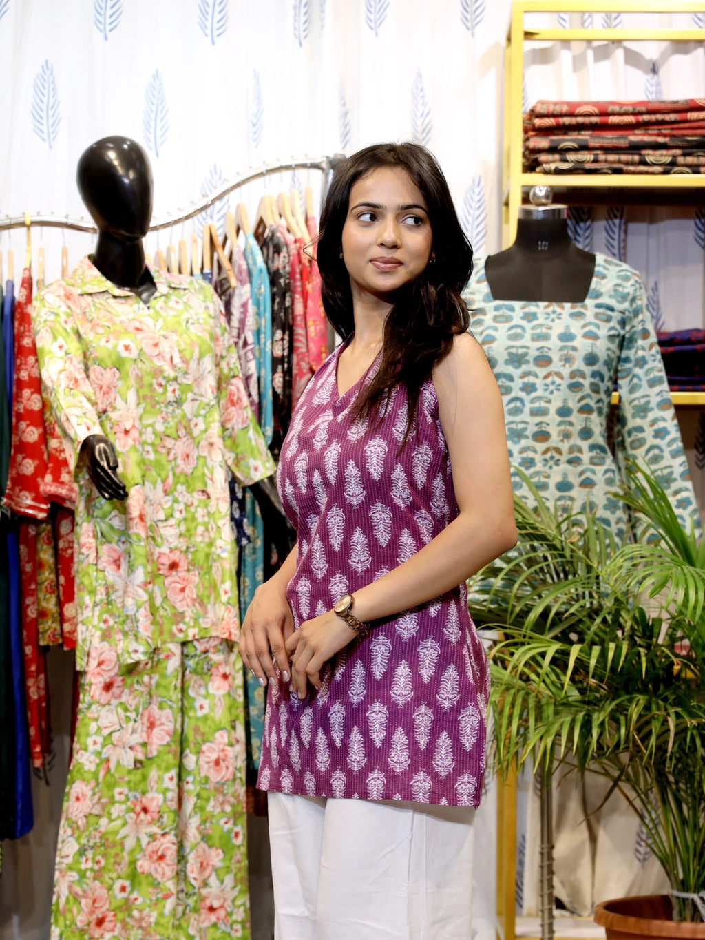 GREYSHADE Women Purple Ethnic Printed Halter Neck Corset Back Cotton Short Kurti