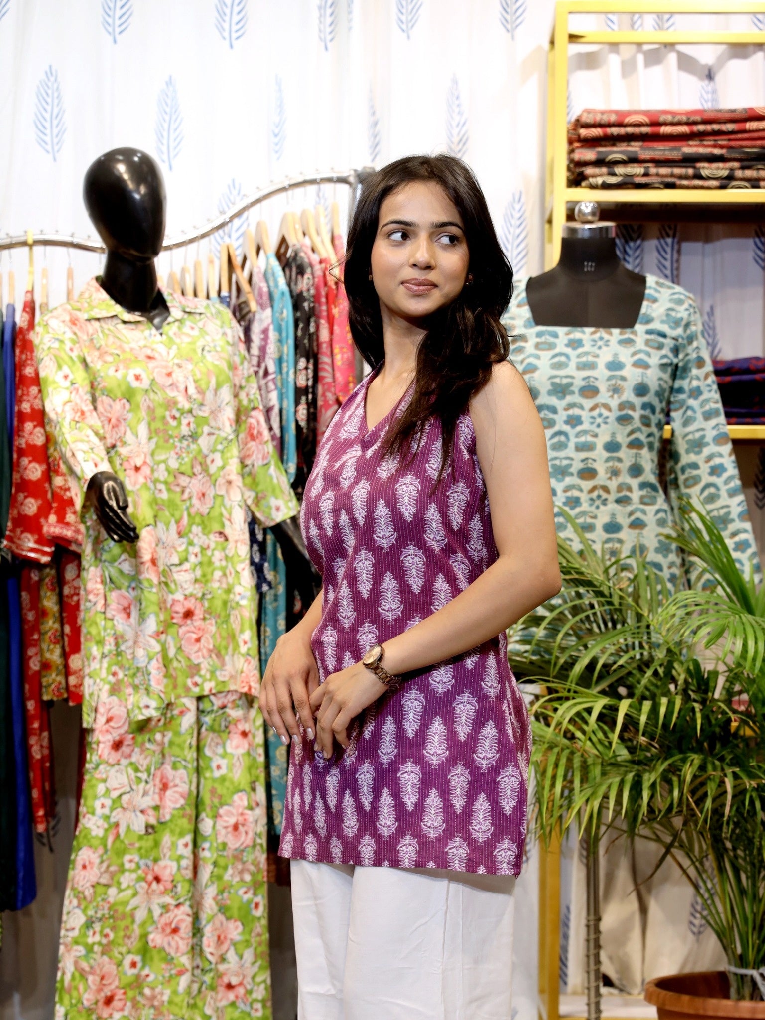 GREYSHADE Women Purple Ethnic Printed Halter Neck Corset Back Cotton Short Kurti