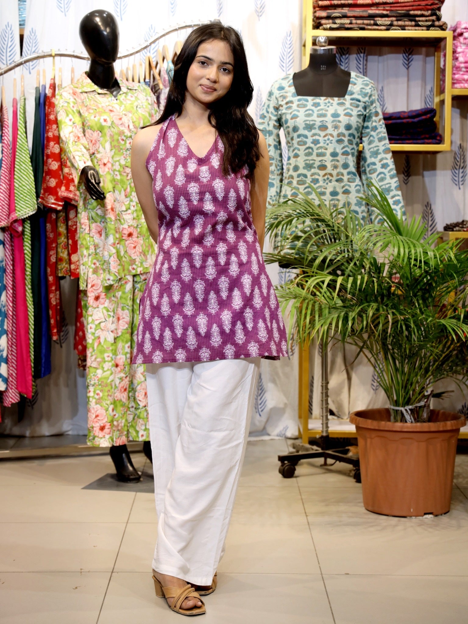 GREYSHADE Women Purple Ethnic Printed Halter Neck Corset Back Cotton Short Kurti