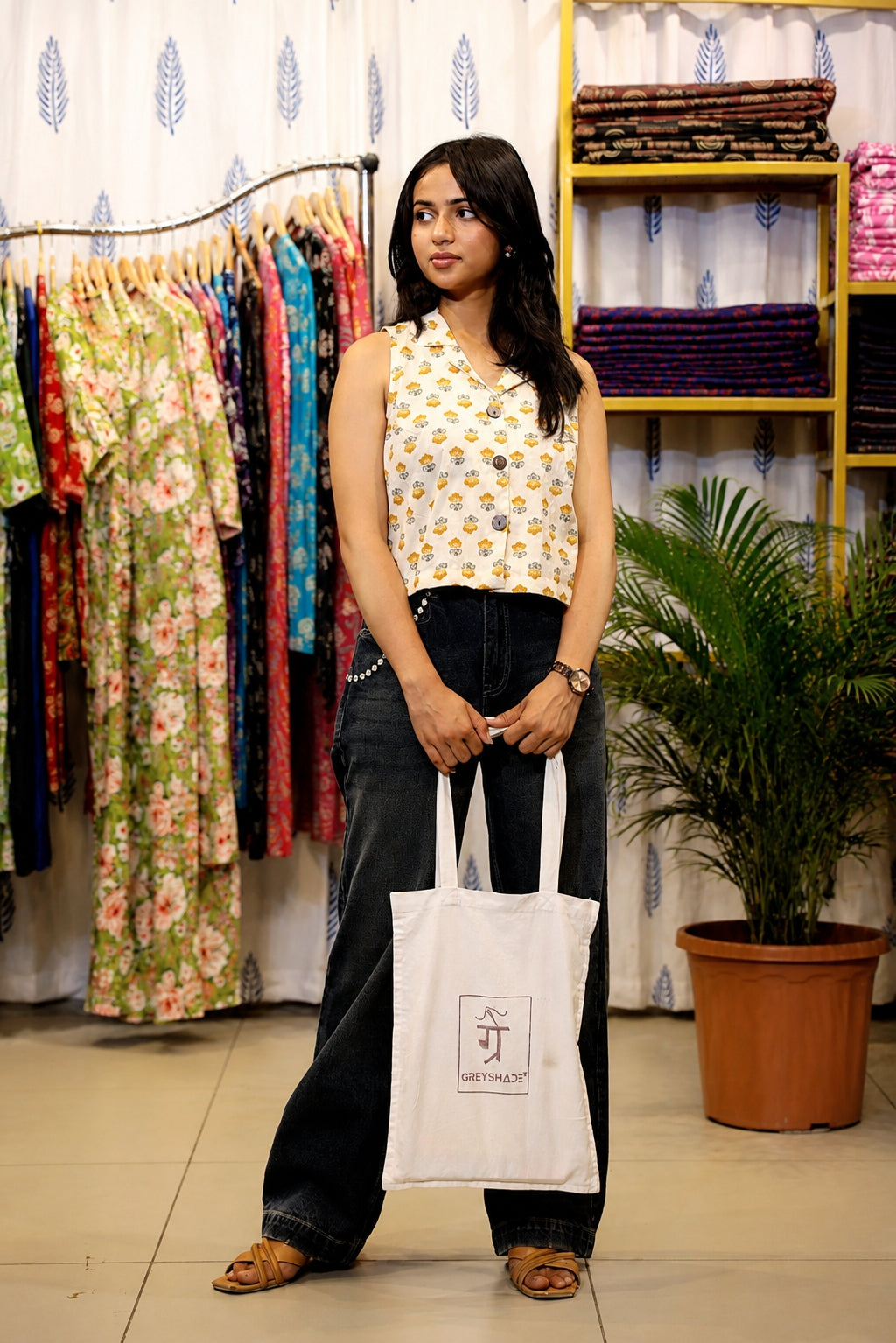 Yellow Booti Yellow Printed Sleeveless Collared Top