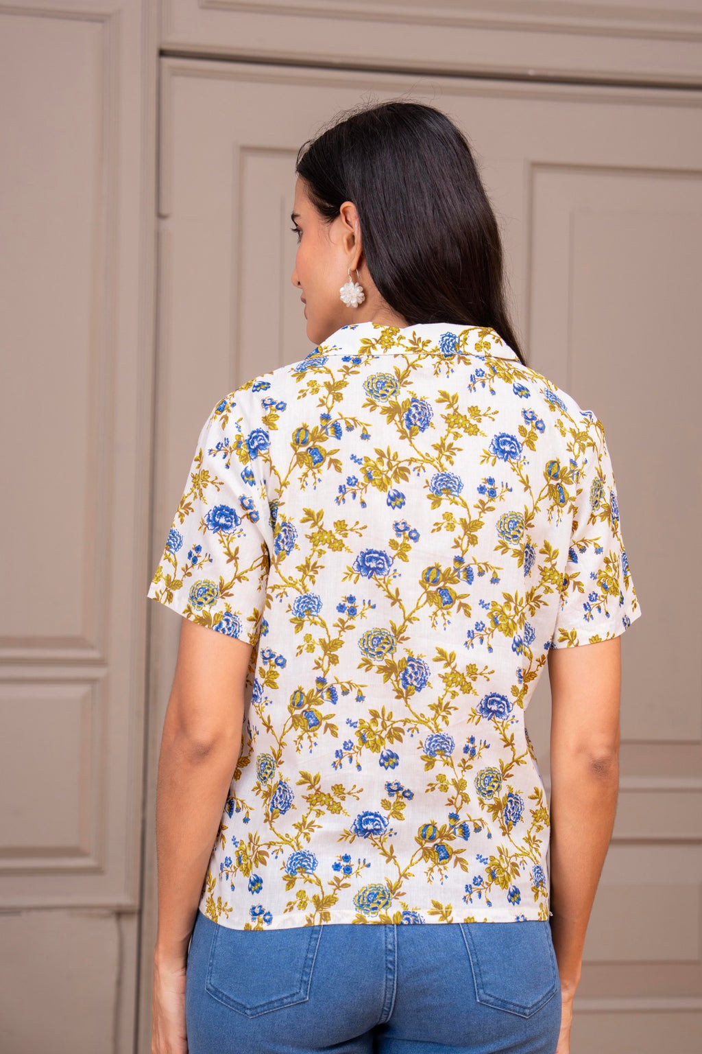 Floral Yellow Printed Collared Button-Down Top