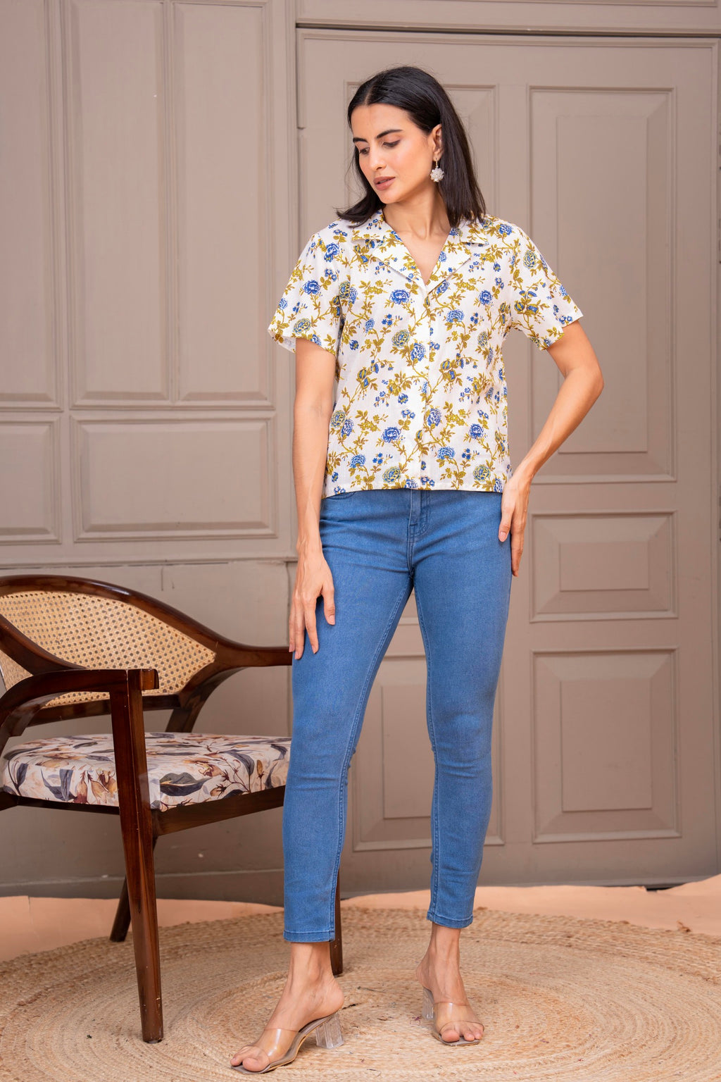 Floral Yellow Printed Collared Button-Down Top