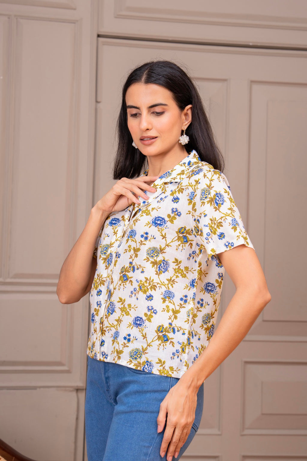 Floral Yellow Printed Collared Button-Down Top