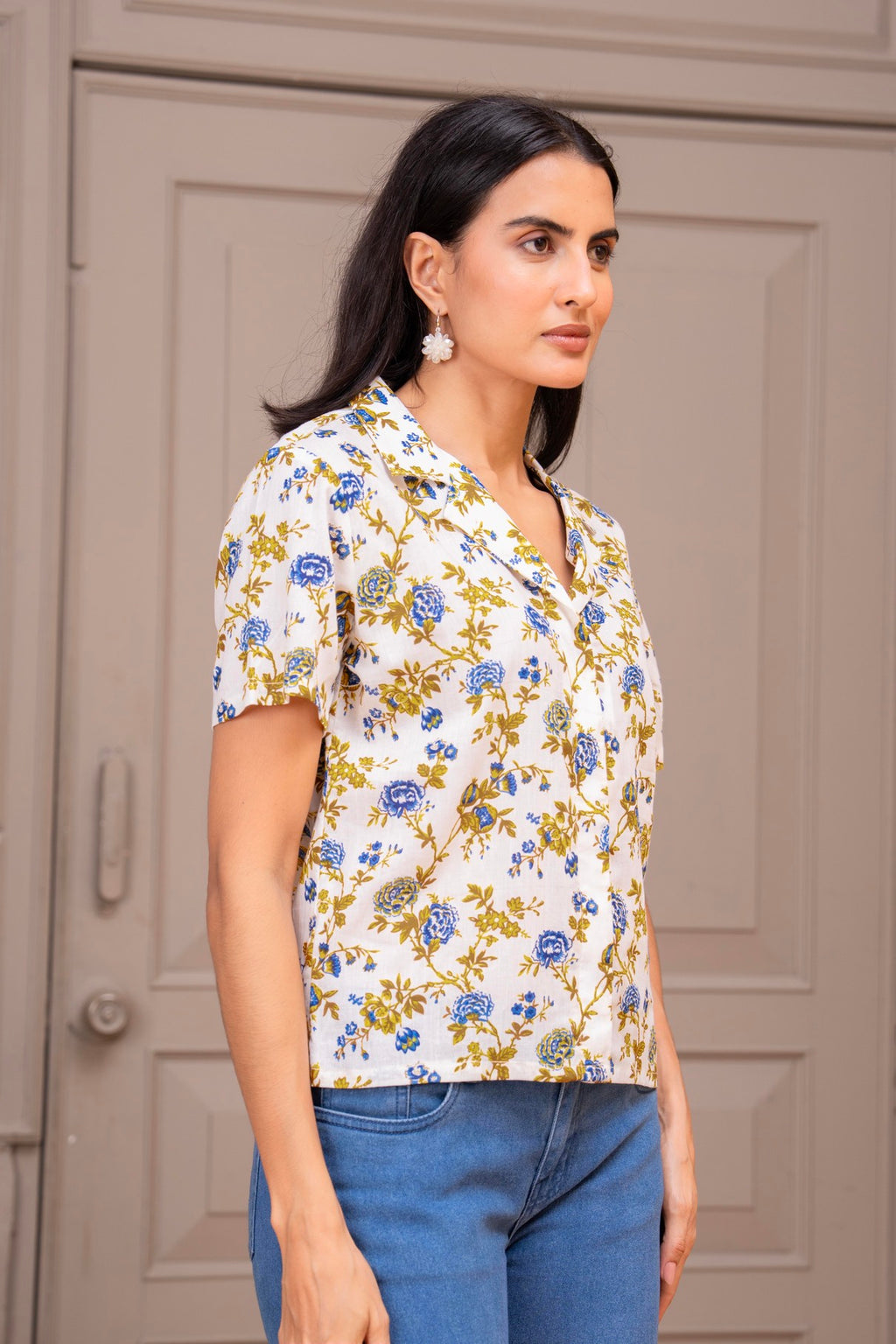 Floral Yellow Printed Collared Button-Down Top