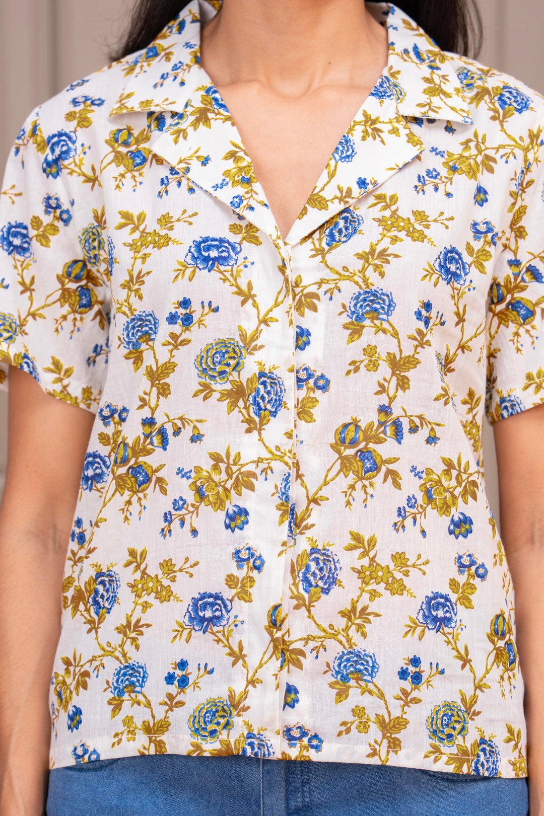Floral Yellow Printed Collared Button-Down Top