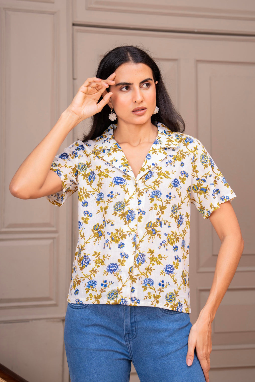 Floral Yellow Printed Collared Button-Down Top