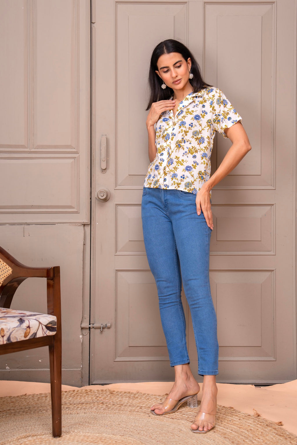 Floral Yellow Printed Collared Button-Down Top
