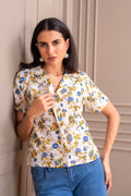 Floral Yellow Printed Collared Button-Down Top