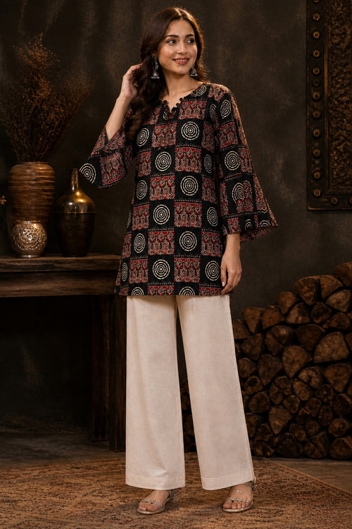 GREYSHADE Women Black Ethnic Motif Printed Short Kurti