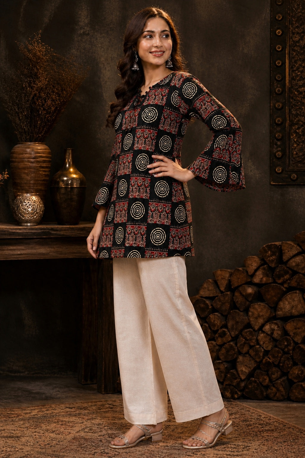 GREYSHADE Women Black Ethnic Motif Printed Short Kurti
