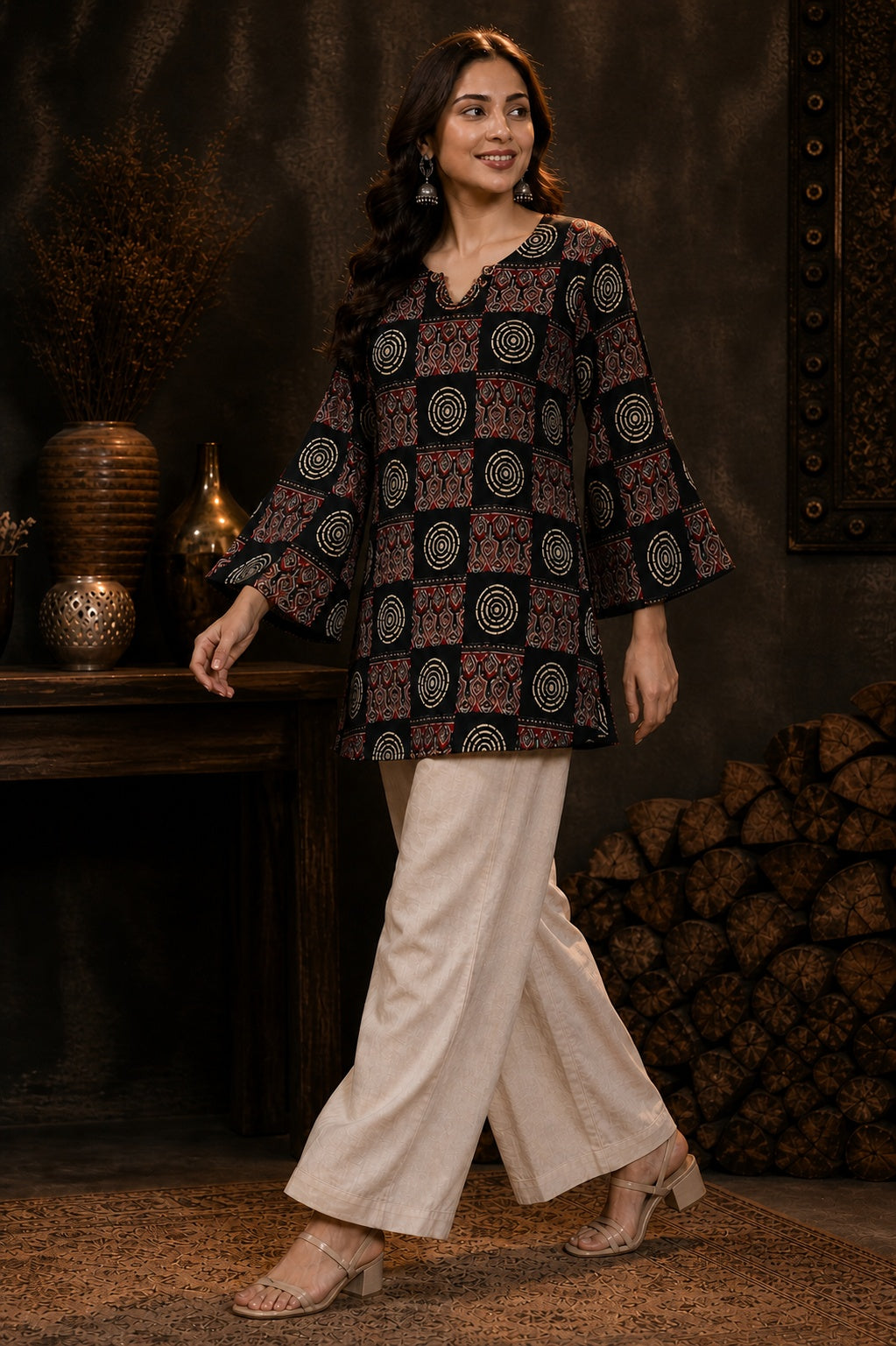 GREYSHADE Women Black Ethnic Motif Printed Short Kurti