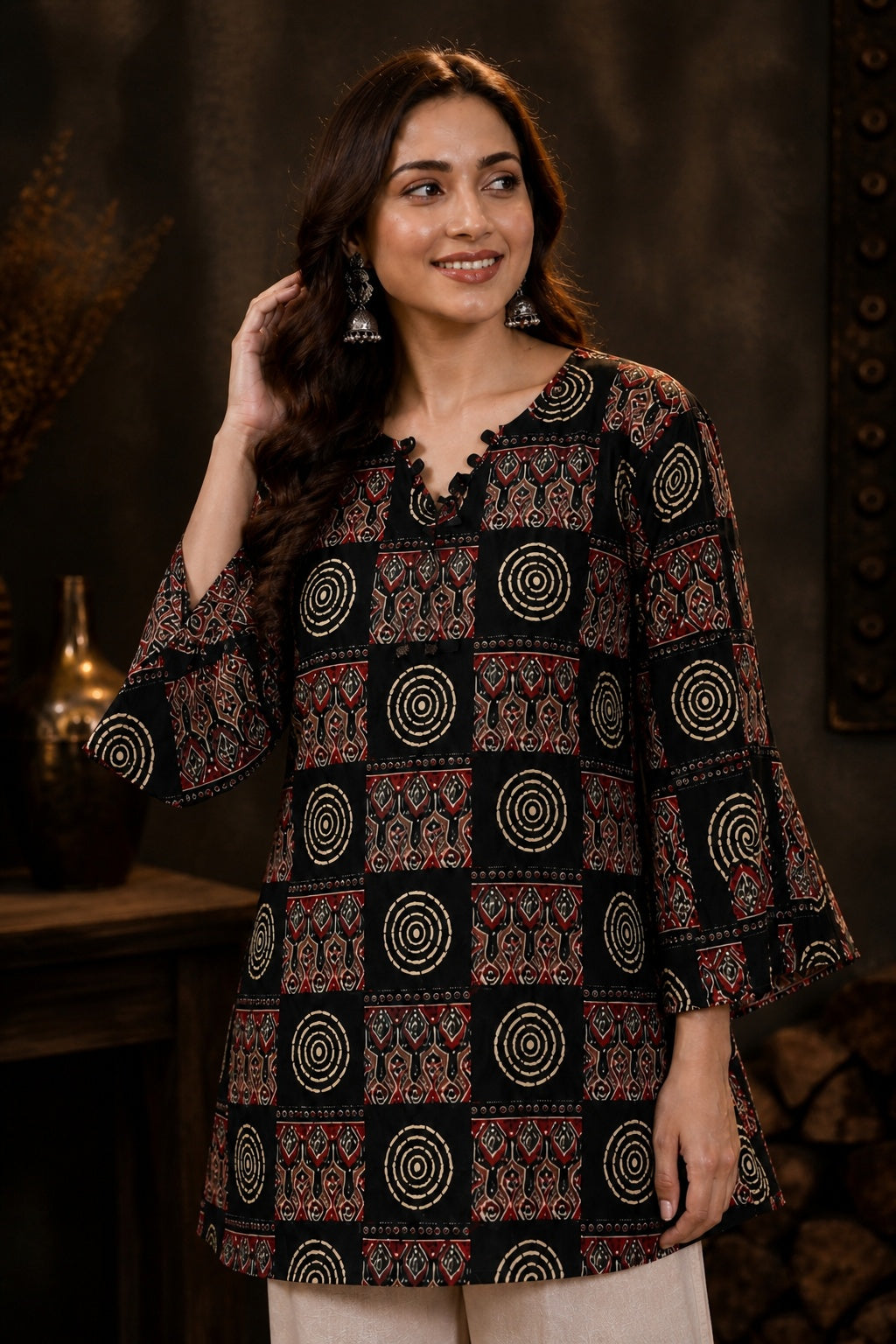 GREYSHADE Women Black Ethnic Motif Printed Short Kurti