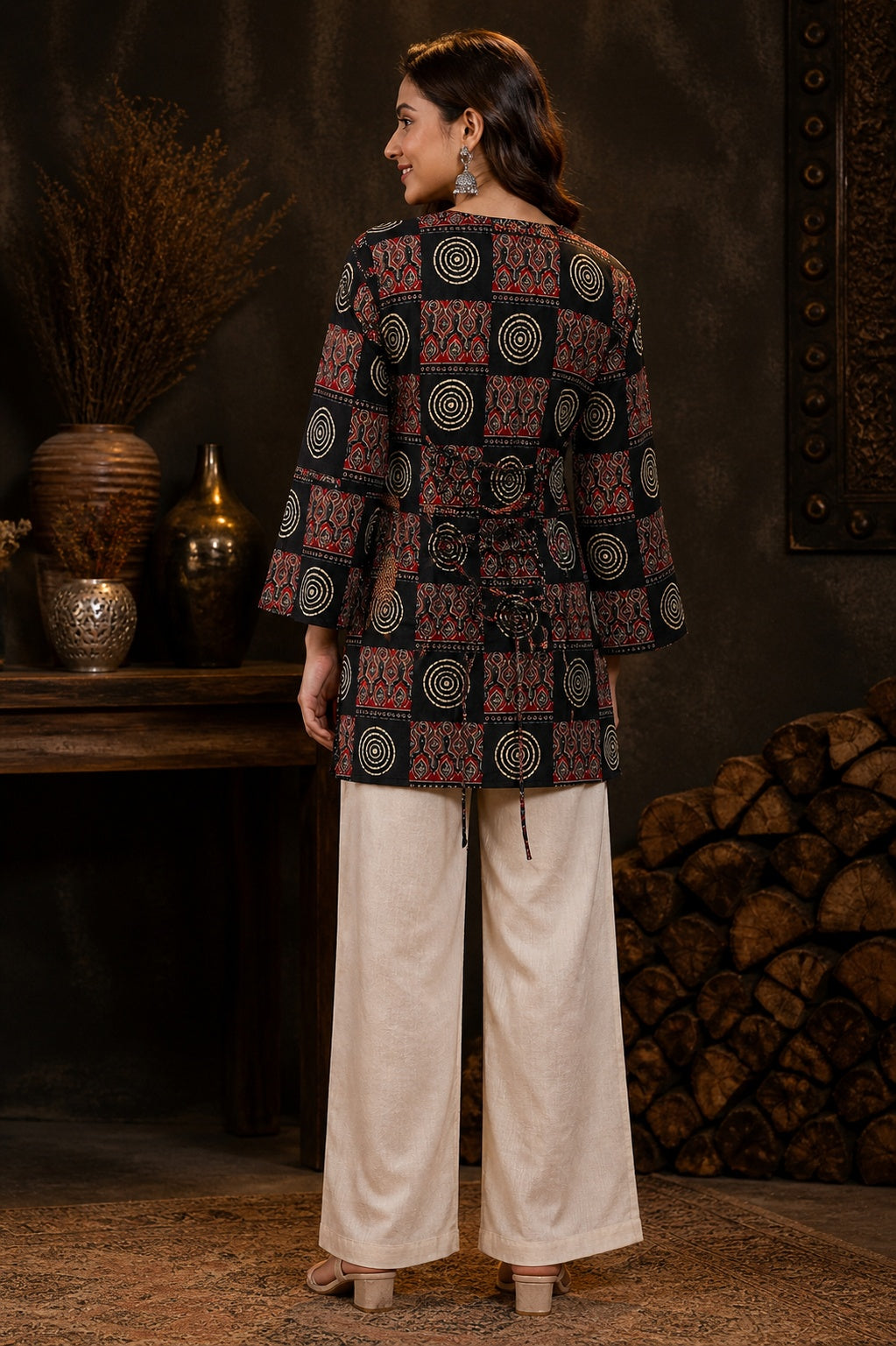 GREYSHADE Women Black Ethnic Motif Printed Short Kurti
