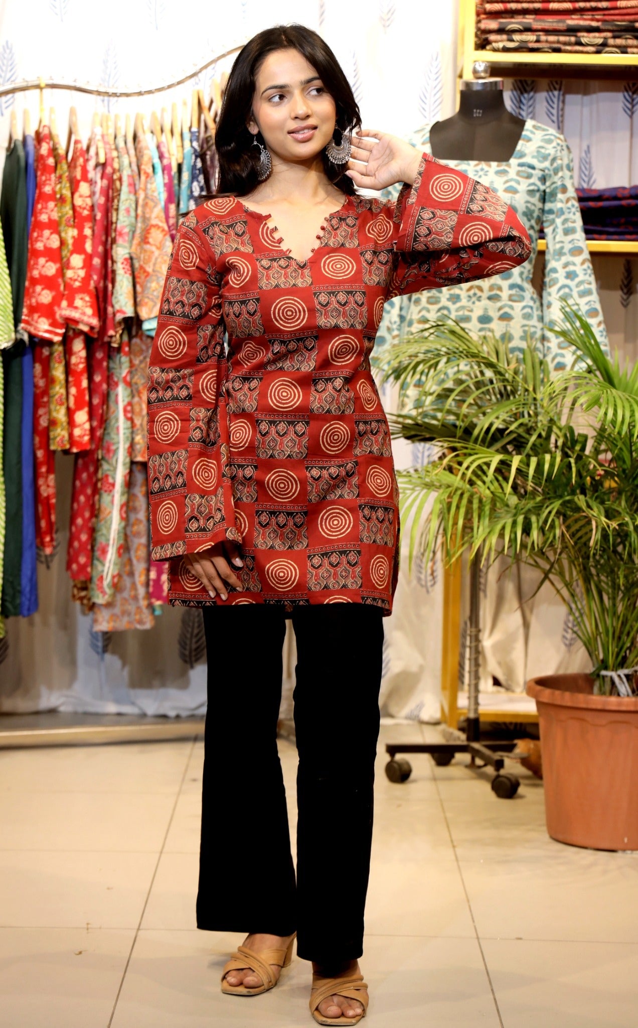 GREYSHADE Women Maroon Ethnic Motif Printed Short Kurti