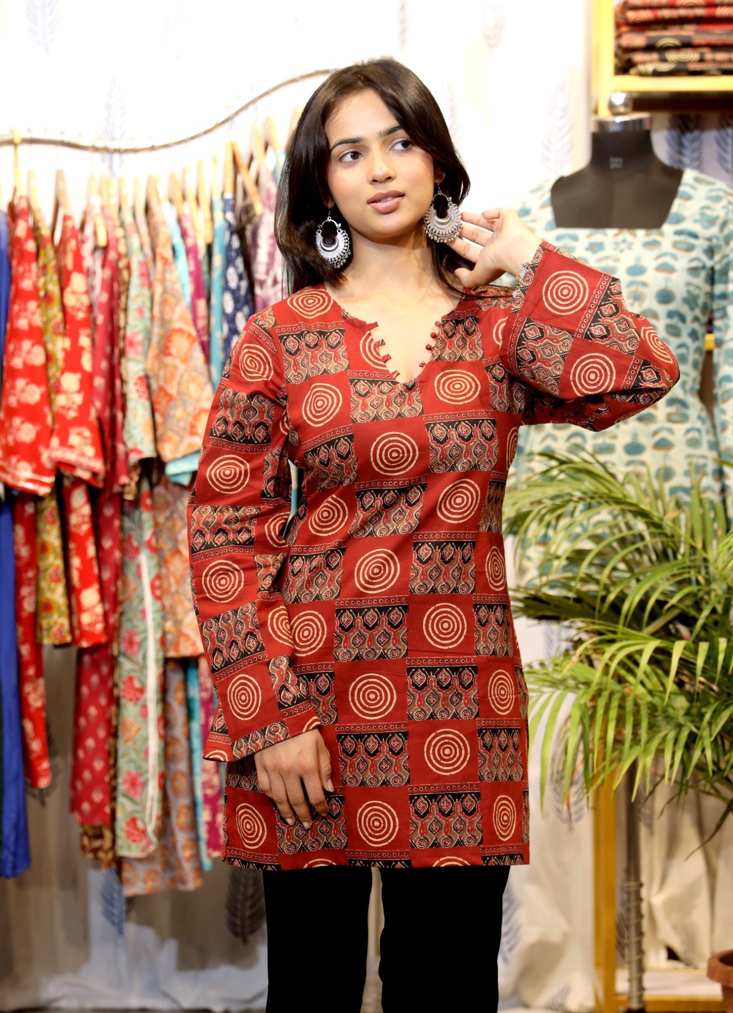 GREYSHADE Women Maroon Ethnic Motif Printed Short Kurti