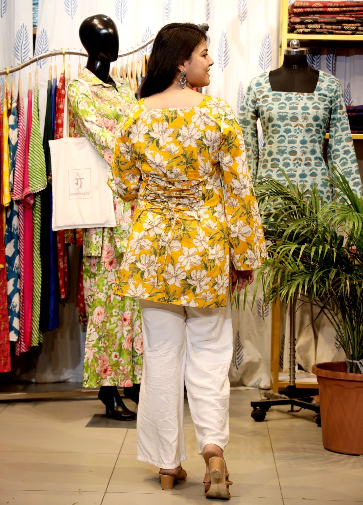 GREYSHADE Women Yellow Floral Printed Corset Back Cotton Short Kurti