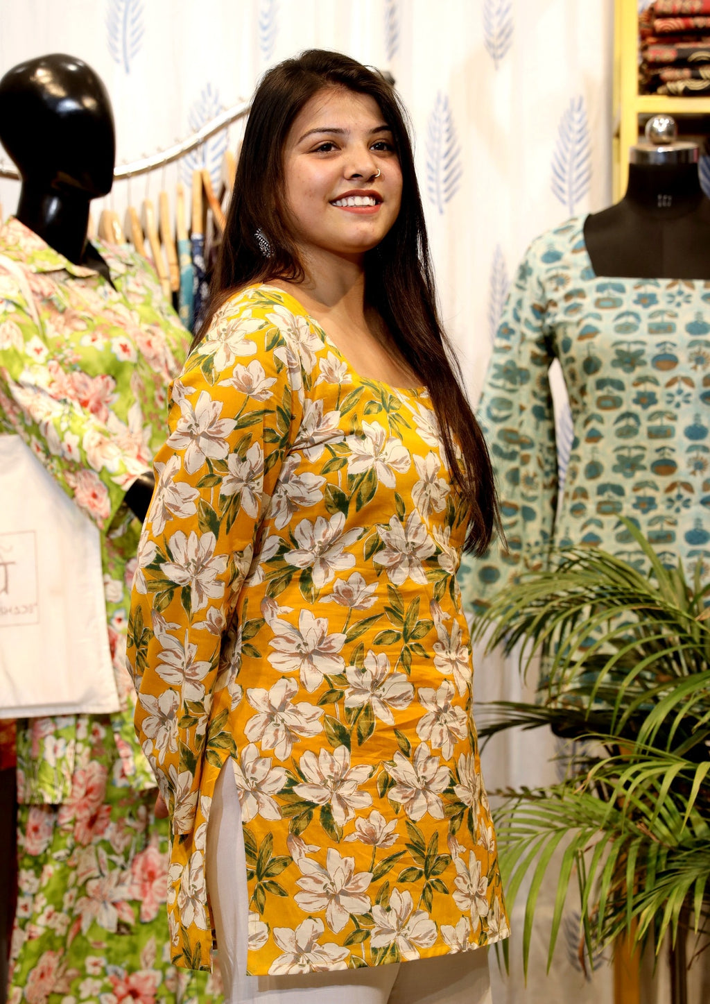 GREYSHADE Women Yellow Floral Printed Corset Back Cotton Short Kurti
