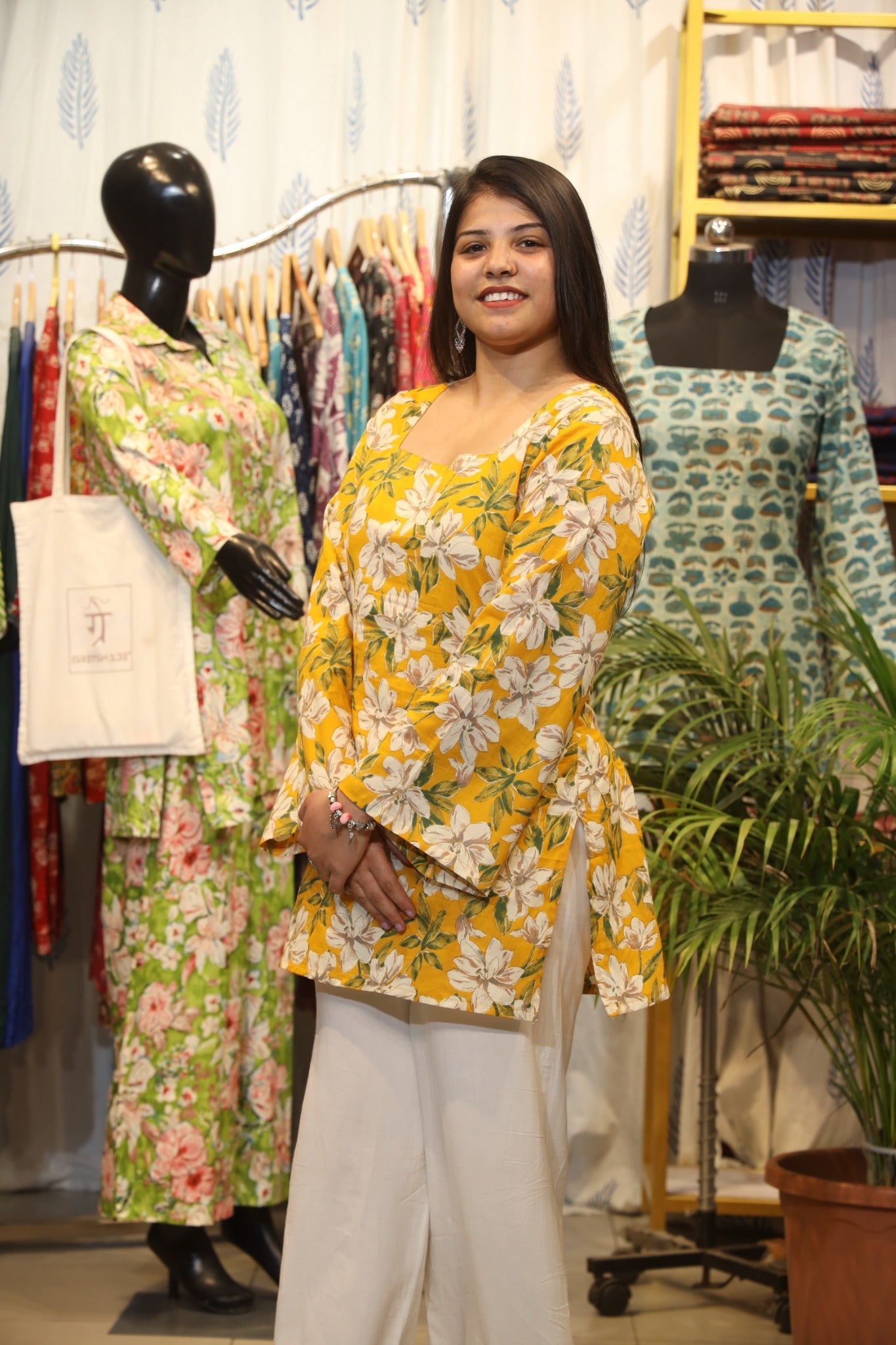 GREYSHADE Women Yellow Floral Printed Corset Back Cotton Short Kurti
