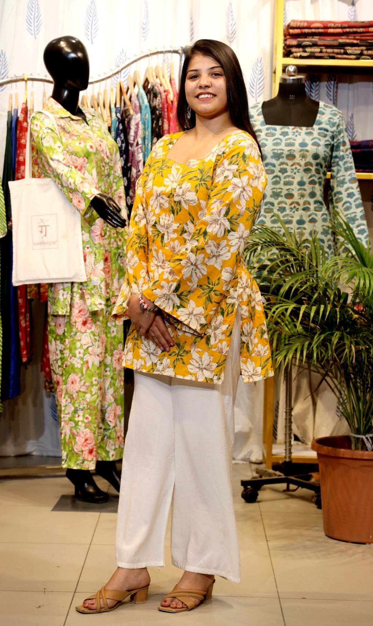 GREYSHADE Women Yellow Floral Printed Corset Back Cotton Short Kurti